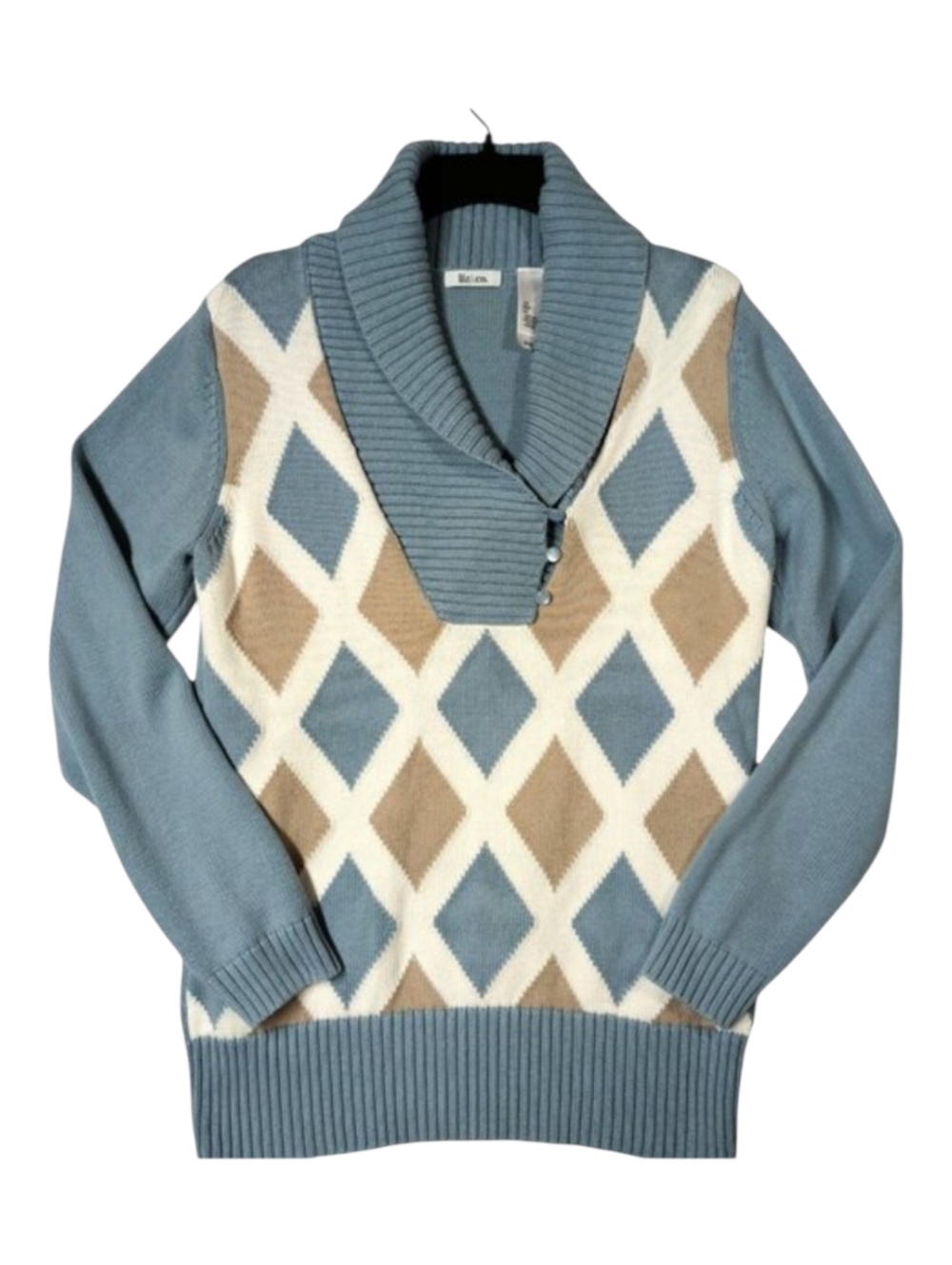 Liz & Co Argyle Sweater Shawl Collar Pullover Blue Women's Size Large